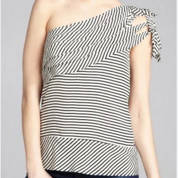 BCBGMaxazria Silk Black White Striped One-Shoulder Layered Blouse Size L Classic - Picture 1 of 11